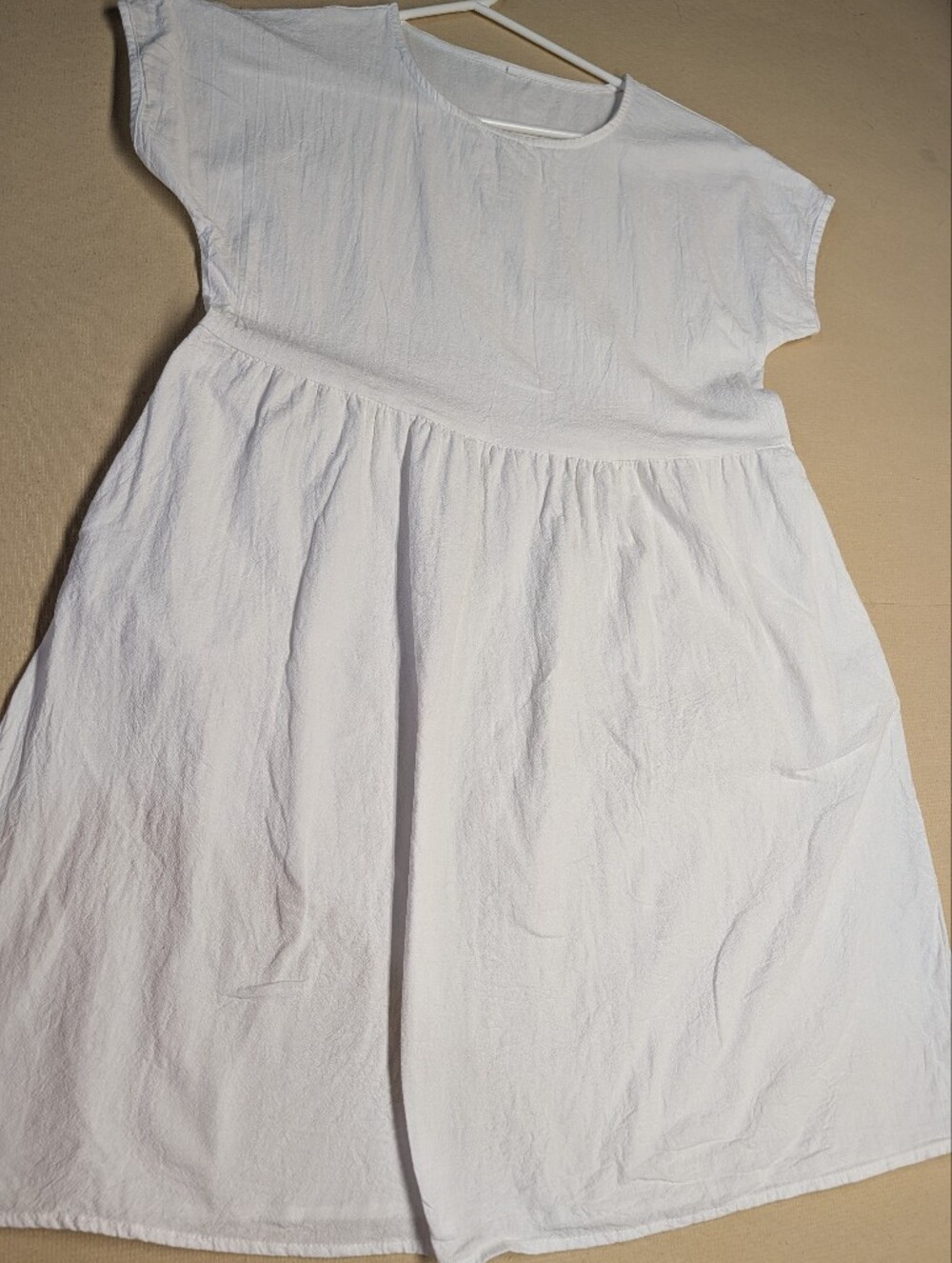 Unbranded Women Size M White Mini Short-Sleeve Gathered Waist Dress 100% Cotton